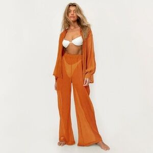 Nasty Gal Swim Cover Up Plisse Wide Leg Beach Pants Sz US4/S - Orange